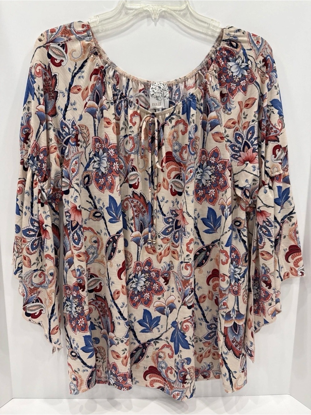 Naif Women's L Boho Hippie Festival Blouse 3/4 Sleeve Beige Multi Floral